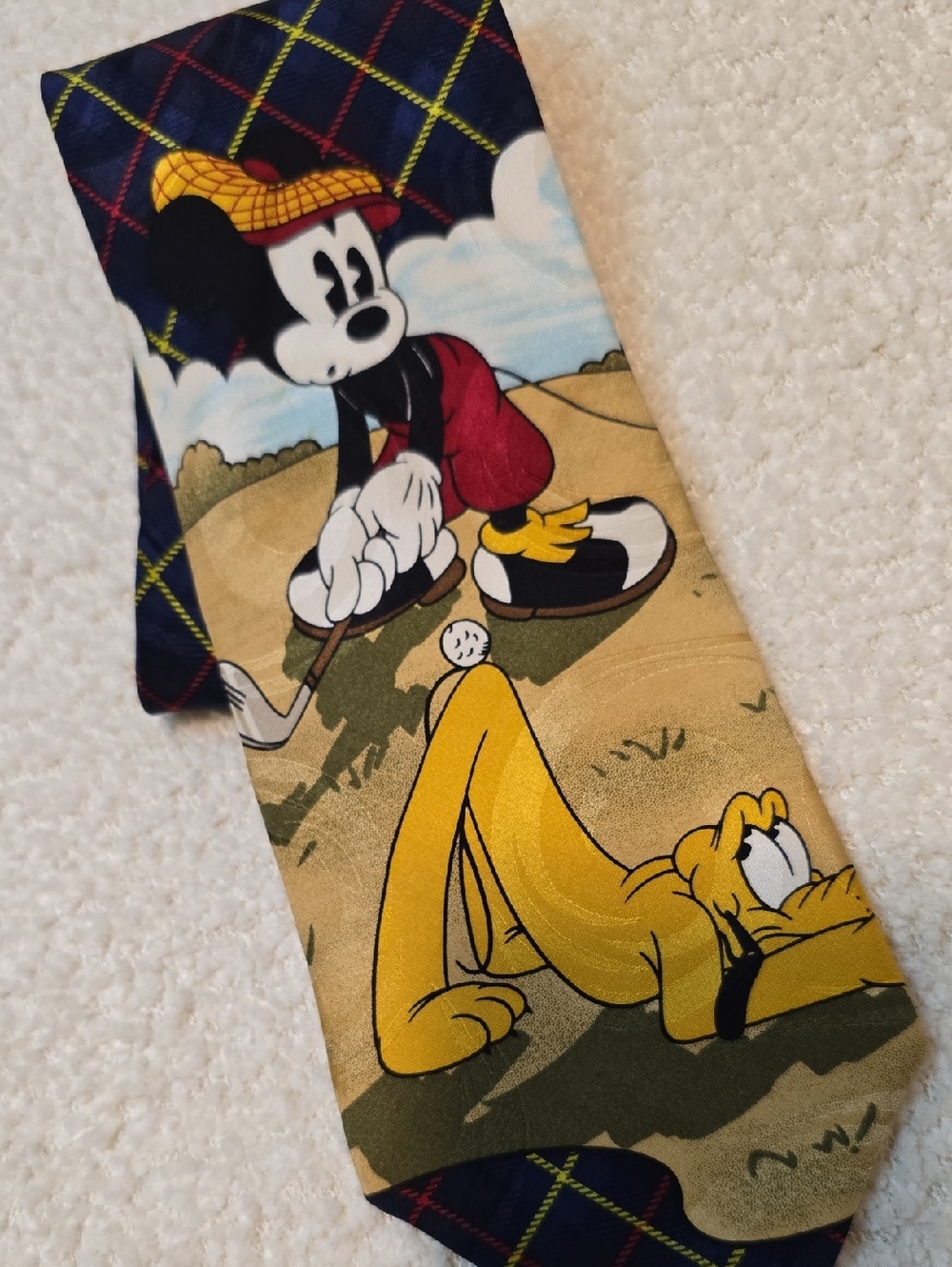 Vintage 100% Silk Disney Mickey & Pluto Plaid Golf Novelty Tie